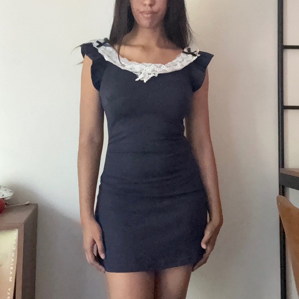 Navy Blue Lace Collar Mini Dress Flutter Sleeve Bow Detail Bodycon Size S